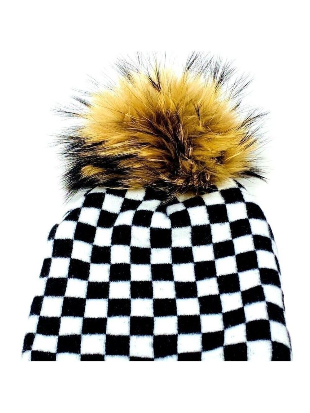 Black and White checked knit hat with detachable pom pom